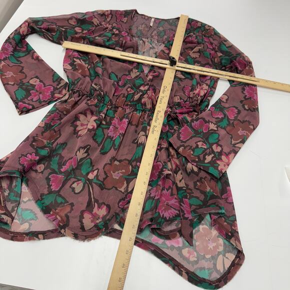 Free People Tunic Womens Small Purple Pink Floral Flume Smocked Wrap Sheer Boho - Picture 7 of 10